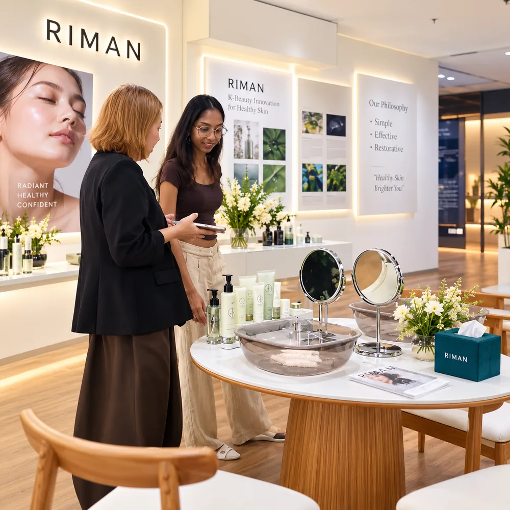 Two guests looking at ICD skincare at a product experience table